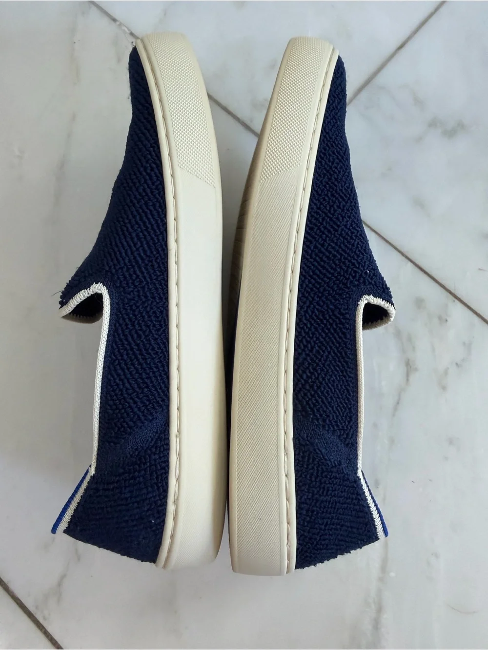 Rothy’s Women’s 9 Navy Blue Knit Flat Loafers with mint accents off white soles